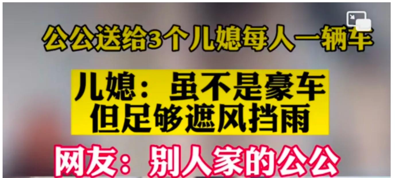 男人羡慕的国发公公来啦:送三个儿媳每人一辆车拿去开吧.
